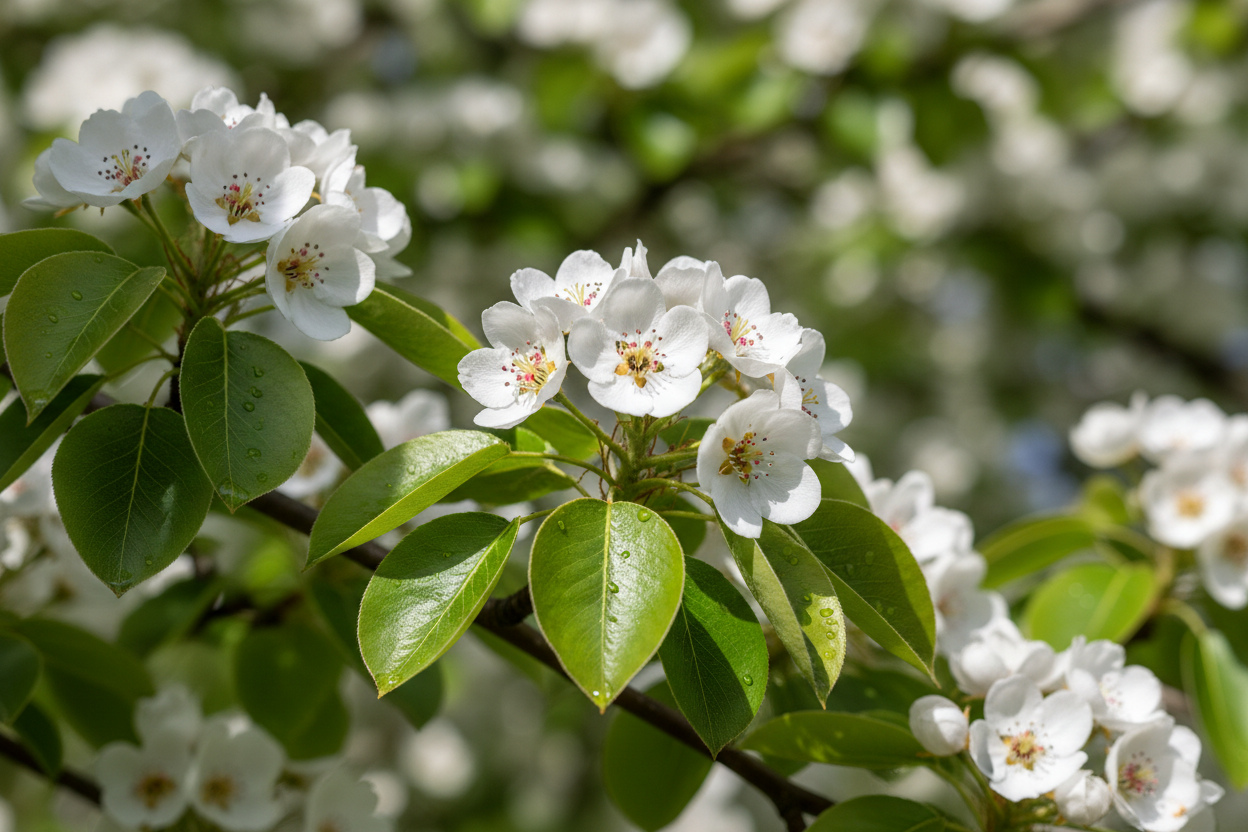Chinesische Birne Chanticleer - Blatt- und Blütendetail