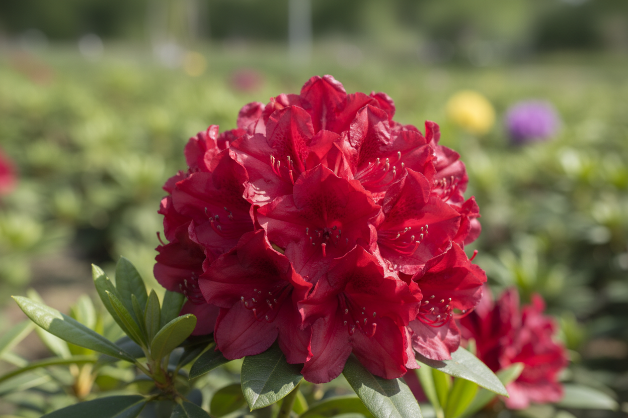 Rhododendron großblumig rot Blüten immergrün Moorbeetpflanze Frühjahr Malsch Rastatt Baumschule Kurrle