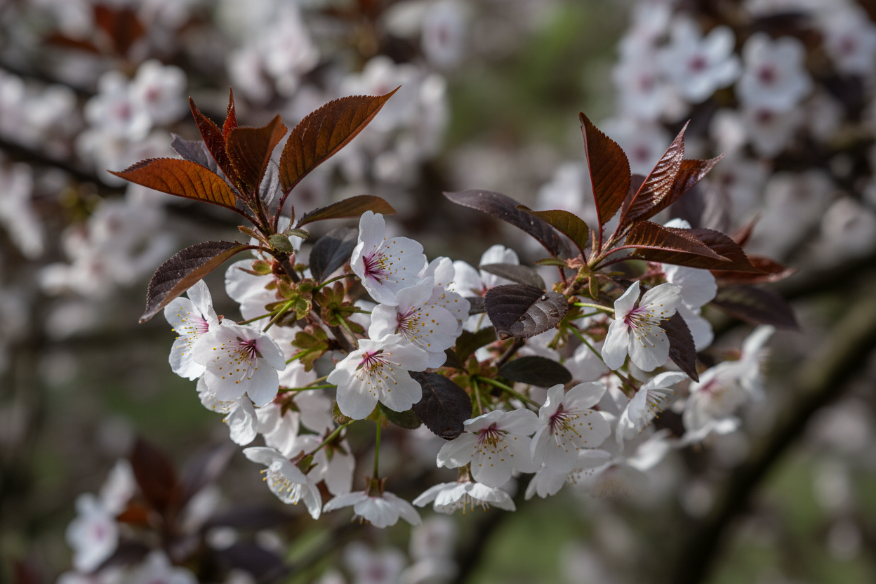 Blutpflaume Pissardii - Blatt- und Blütendetail