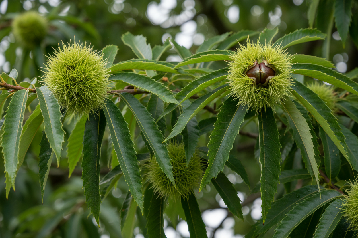 Esskastanie Blätter Früchte Karlsruhe - Detail