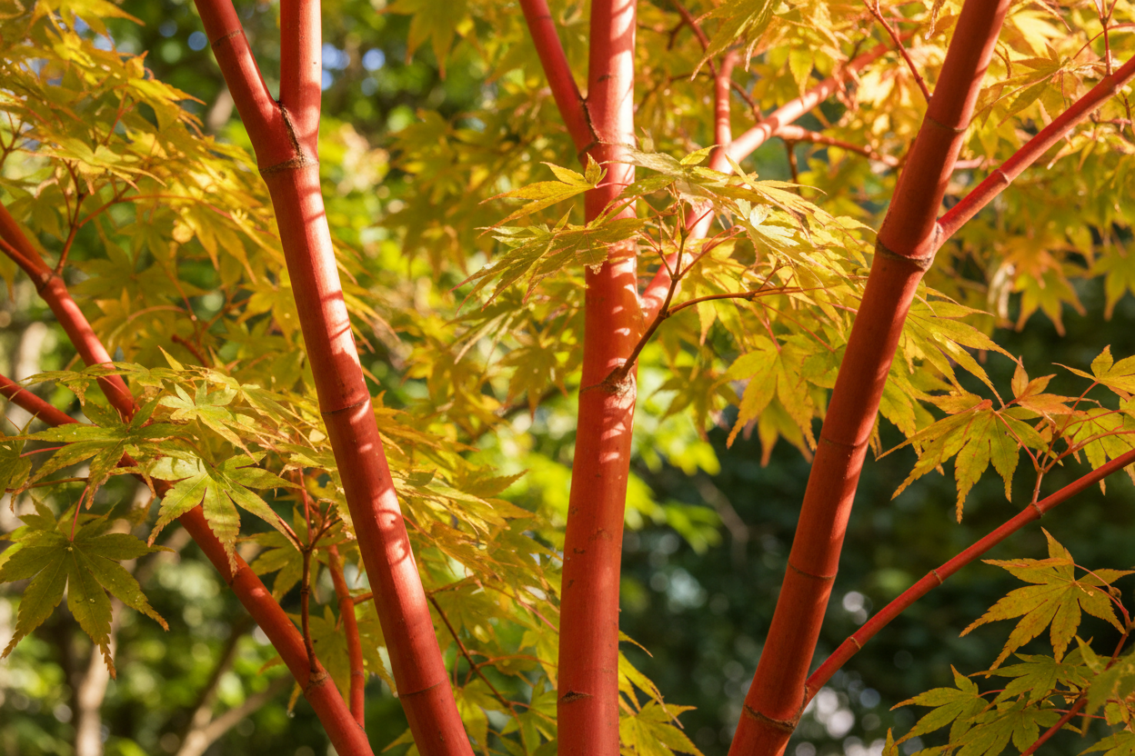 Fächerahorn Sangokaku rote Rinde Herbstlaub Rastatt - Detail