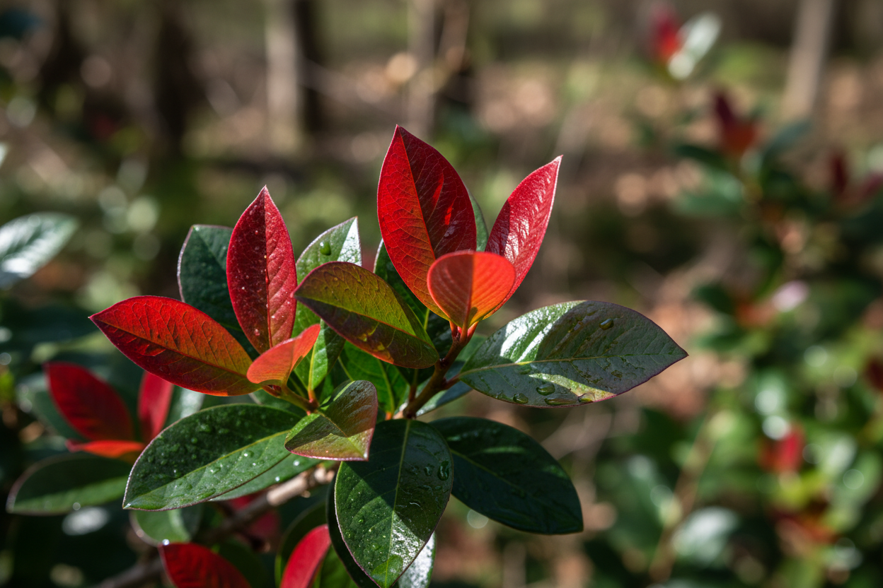 Glanzmispel Devils Dream rote Blätter Neuaustrieb winterhart Ettlingen Baumschule - Detail