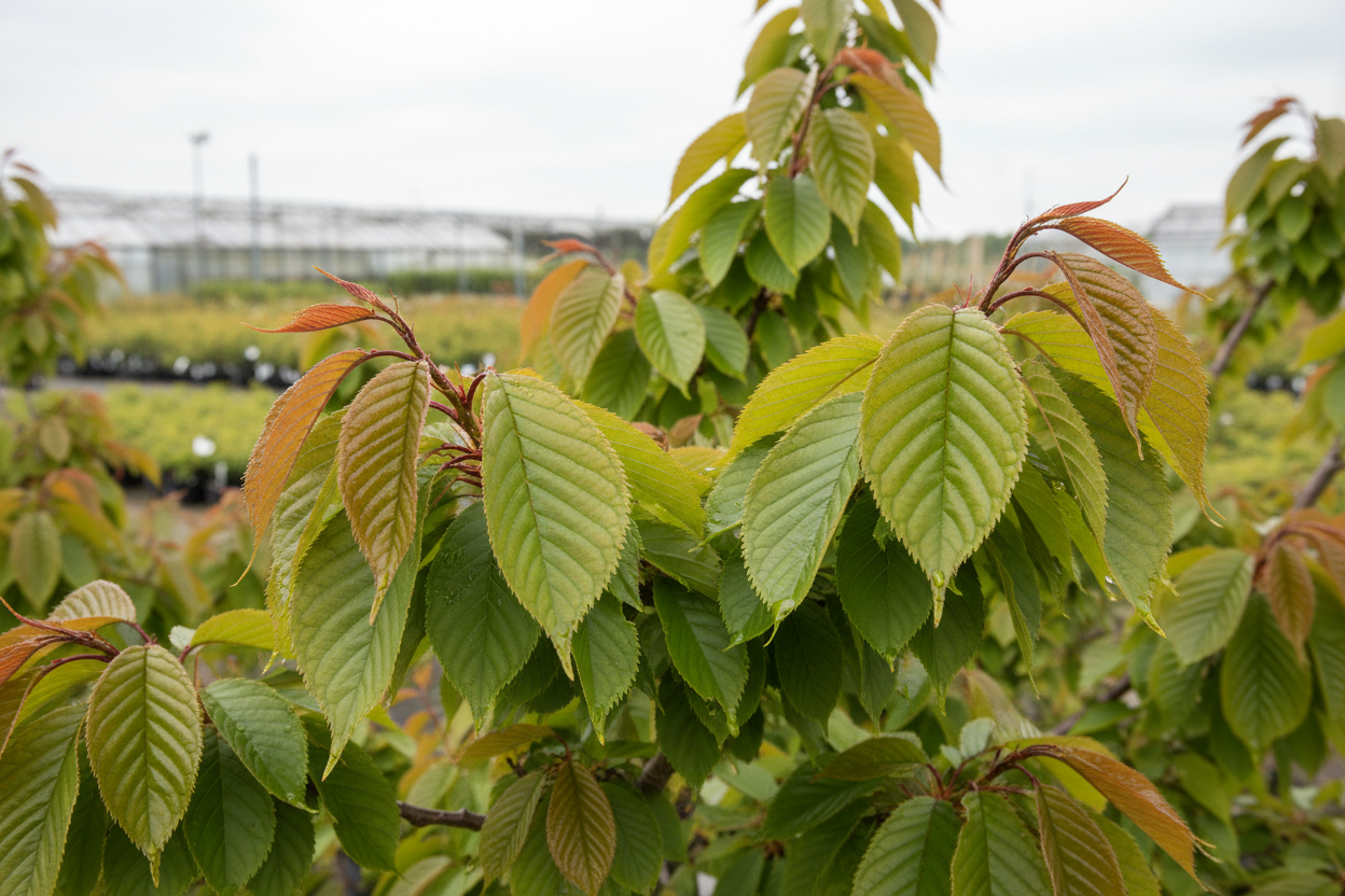 Grannen-Kirsche Prunus serrulata Blätter grün gesägt Zierkirsche Frühjahr Malsch Karlsruhe Baumschule