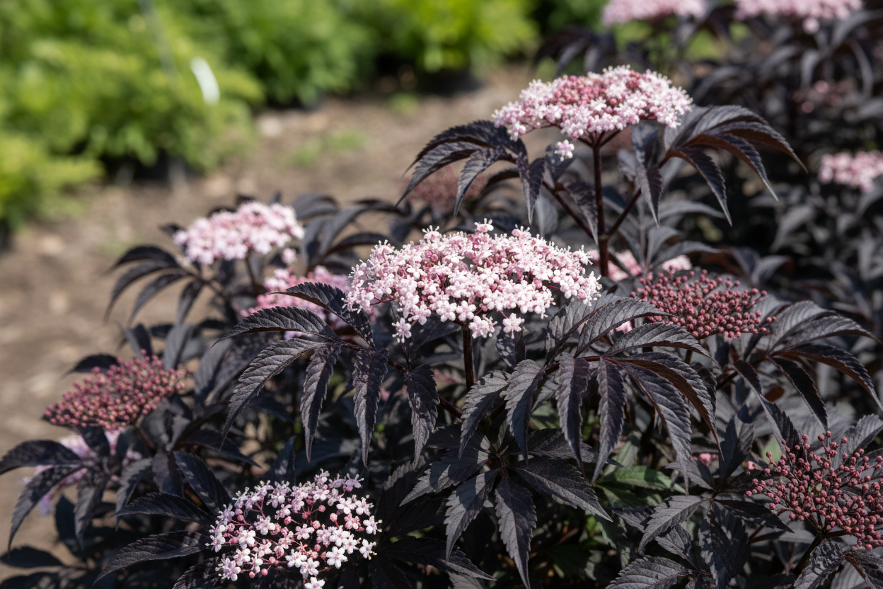 Holunder Black Lace dunkelrot geschlitzte Blätter rosa Blüten Malsch Rastatt Baumschule