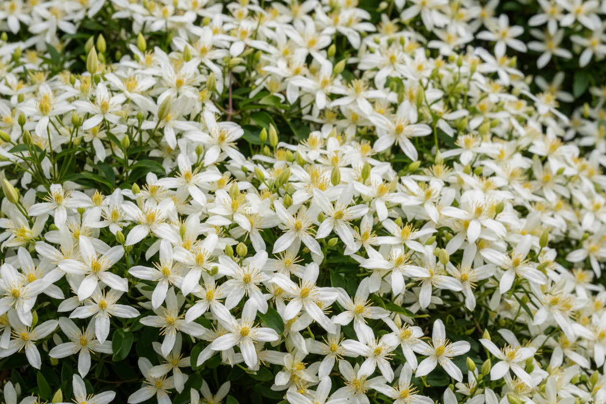 Immergrüne Waldrebe 'Avalanche' - Blütendetail