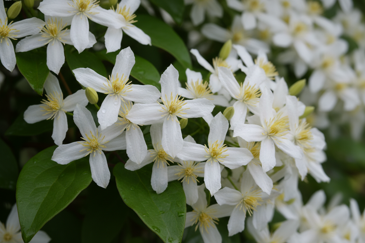 Immergrüne Waldrebe 'Snowdrift' - Blütendetail