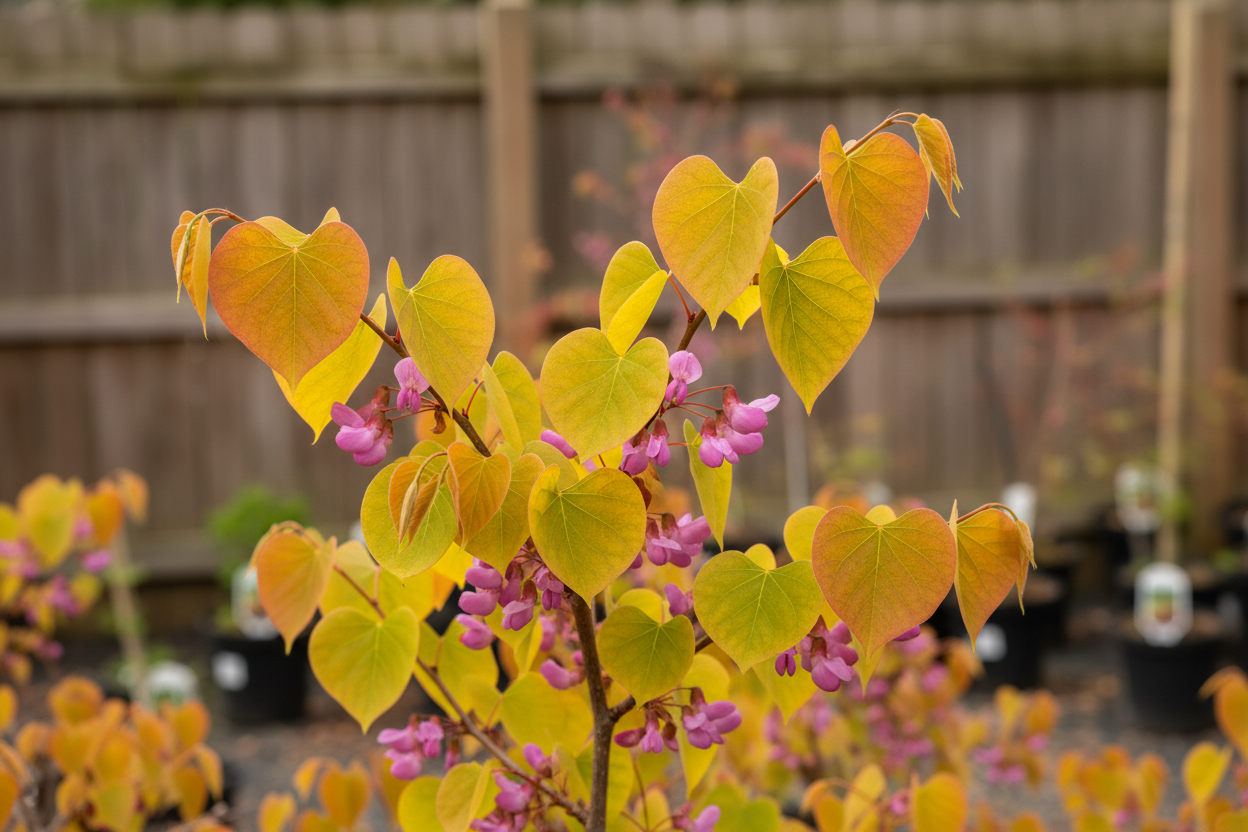 Judasbaum Eternal Flame goldgelbe Blätter rosa Blüten Malsch Karlsruhe Baumschule Kurrle