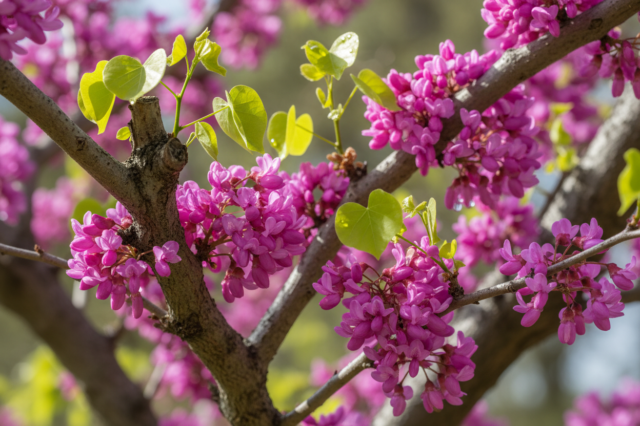 Judasbaum rosa Blüten am Stamm Frühjahrsblüher Baumschule Kurrle - Detail