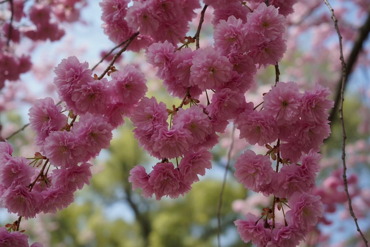 Nelkenkirsche Kiku-shidare-zakura rosa gefüllt hängend Frühjahr Malsch Rastatt Baumschule Kurrle