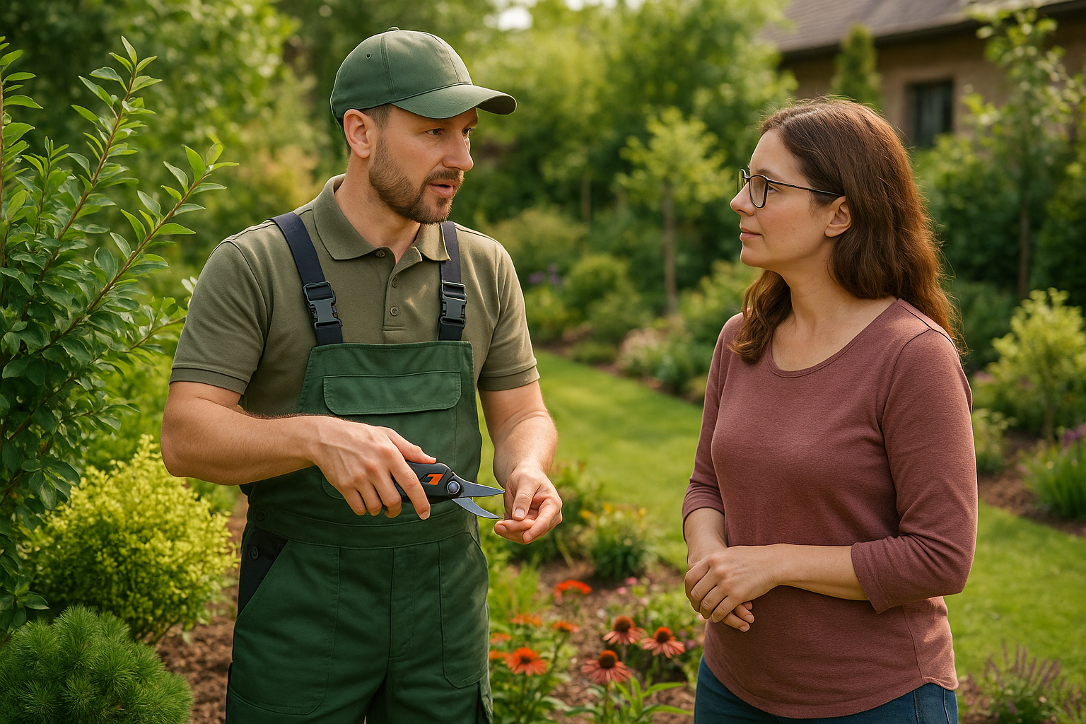 pflanzen schnittberatung bei einer kundin im garten