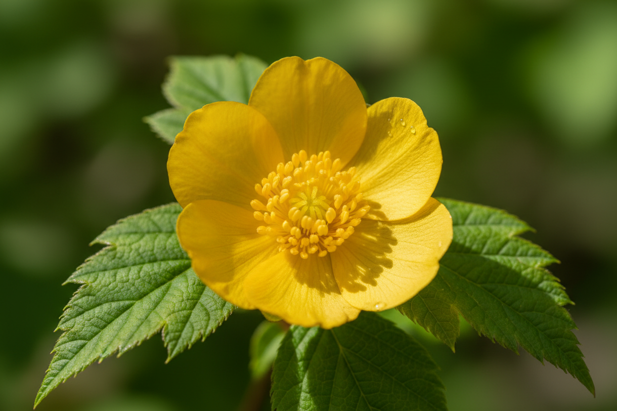 Ranunkelstrauch Golden Guinea große gelbe Blüten Frühjahr Ettlingen Baumschule - Detail