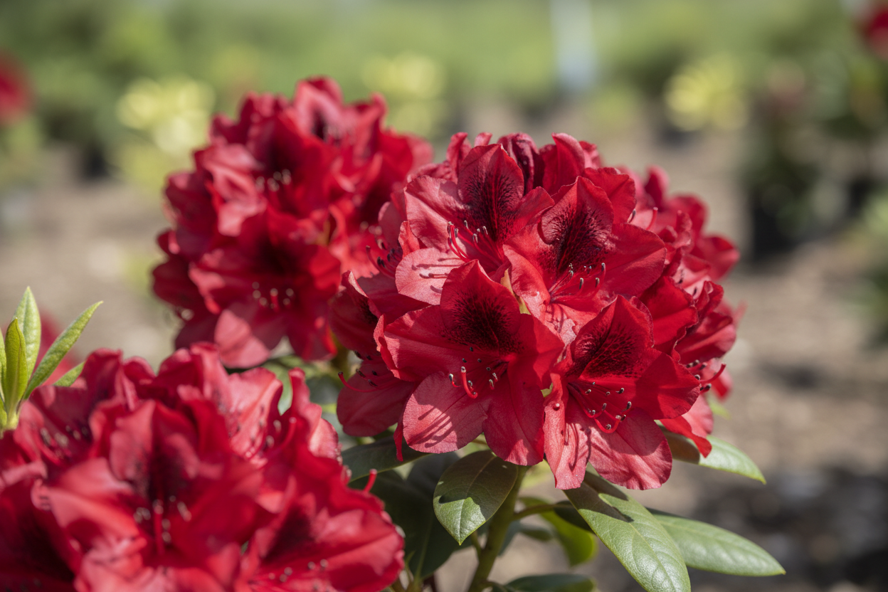 Rhododendron Nova Zembla rot Blüten Frühjahr immergrün Malsch Ettlingen Baumschule