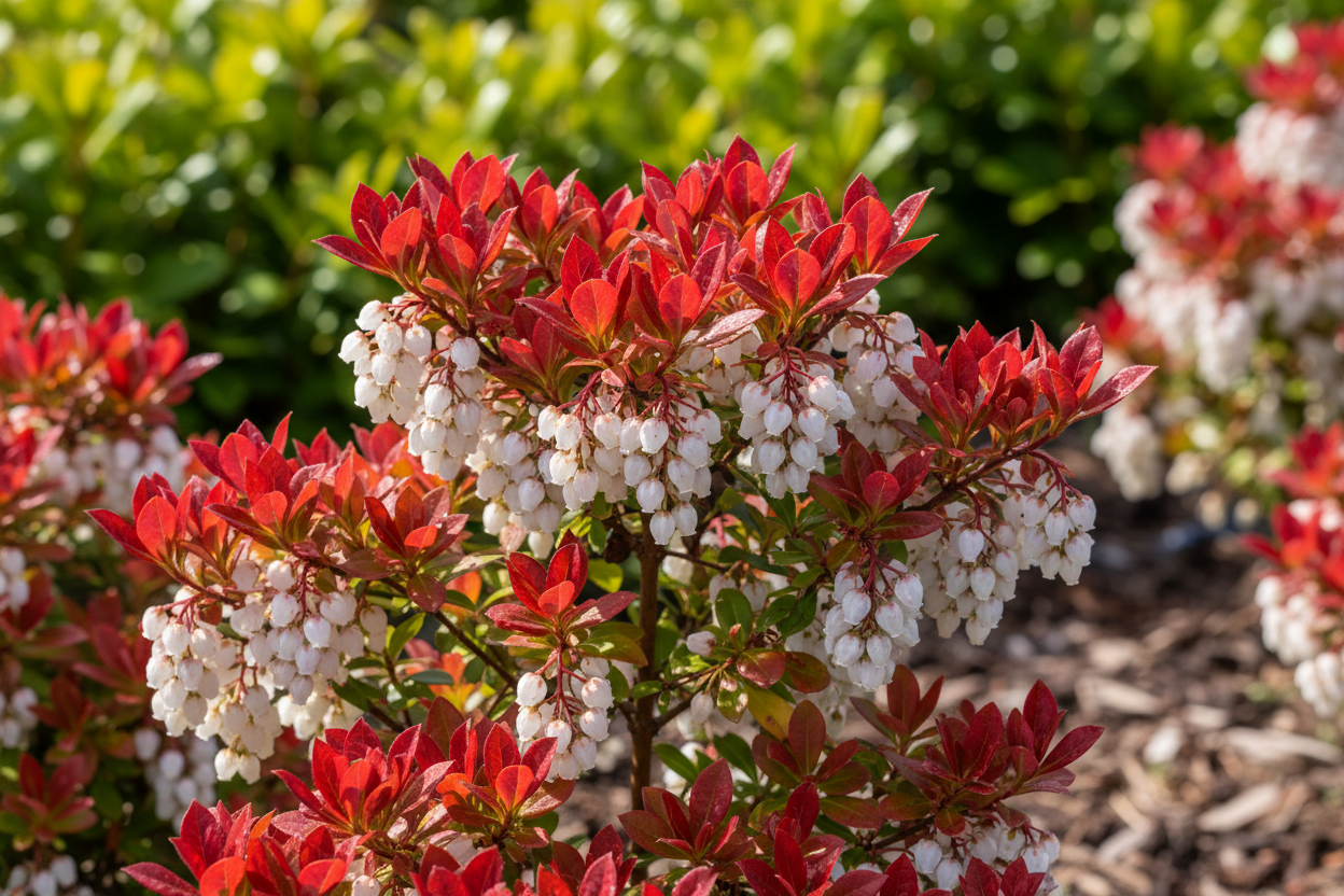 Schattenglöckchen Bonfire roter Austrieb weiße Blüten immergrün Malsch Karlsruhe Baumschule
