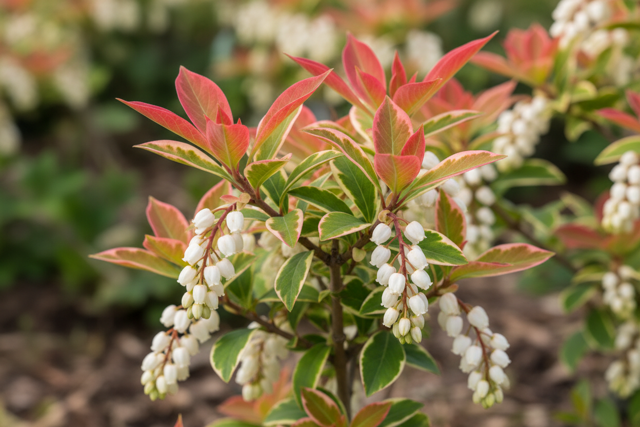 Schattenglöckchen Forest Flame roter Austrieb weiße Blüten immergrün Malsch Rastatt Baumschule Kurrle