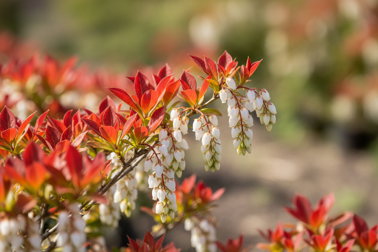 Schattenglöckchen Mountain Fire roter Austrieb weiße Blüten immergrün Malsch Ettlingen Baumschule