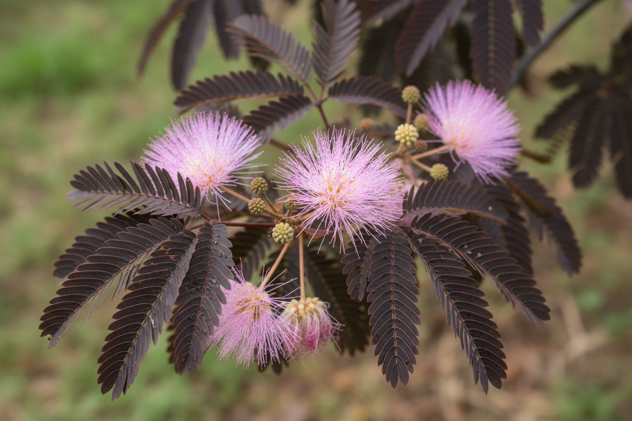 Seidenbaum Summer Chocolate dunkelrot Laub rosa Blüten Malsch Muggensturm Baumschule