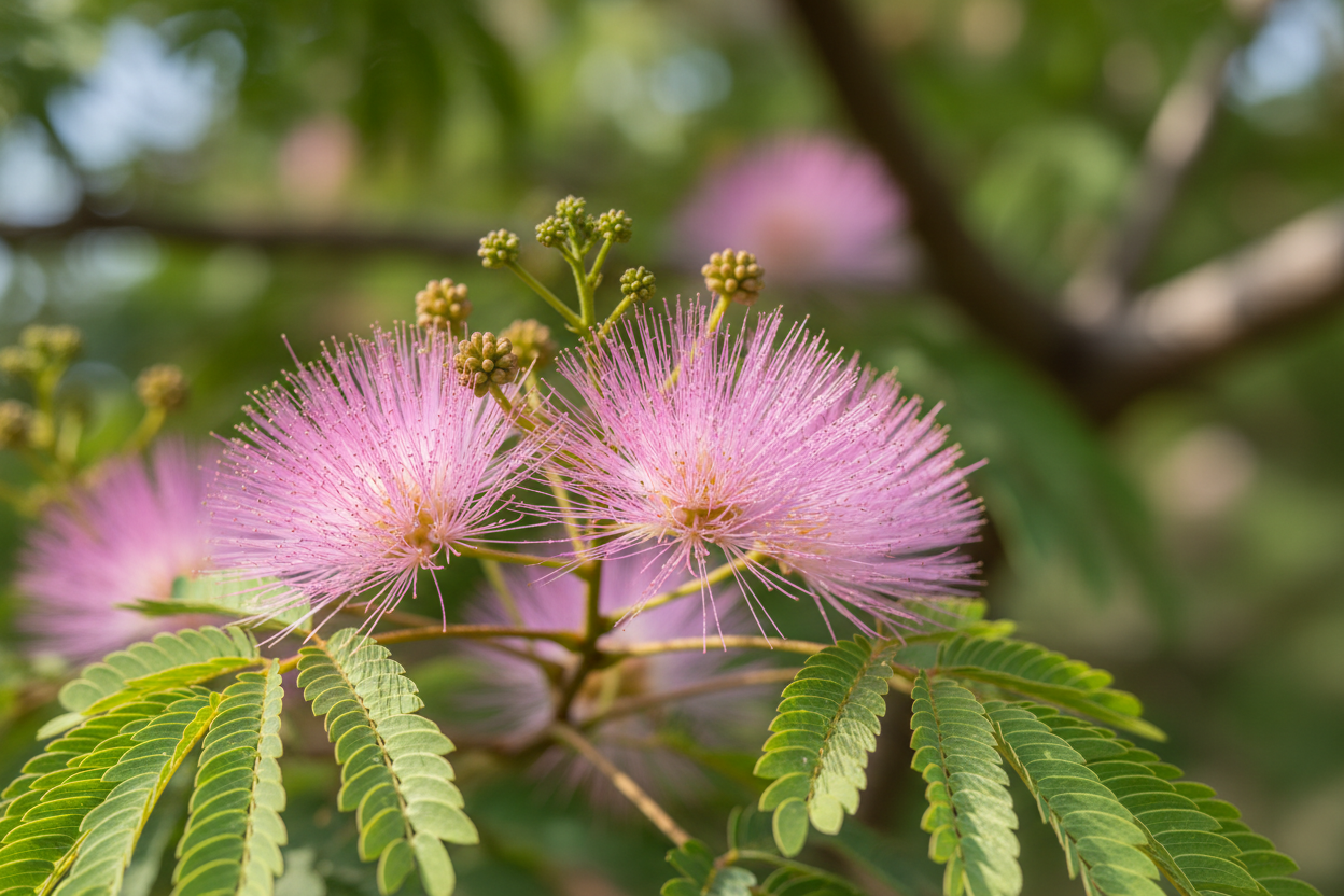Seidenbaum Tropical Dream rosa Blüten gefiederte Blätter Zierbaum Malsch Rastatt Baumschule