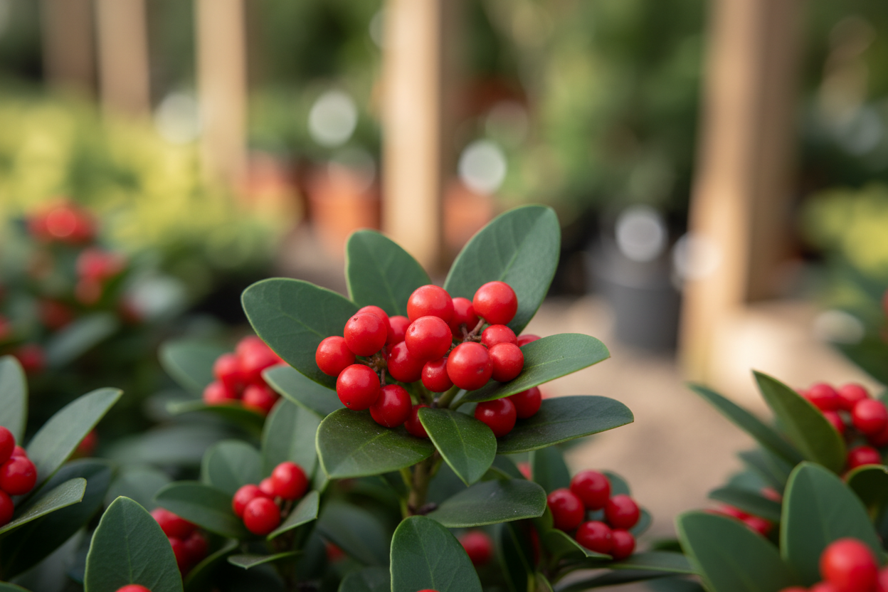 Skimmie rote Beeren immergrün Moorbeet winterhart Malsch Ettlingen Baumschule