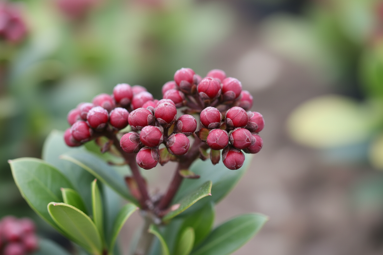 Skimmie Rubella rote Knospen Winter immergrün Moorbeet Malsch Rastatt Baumschule Kurrle