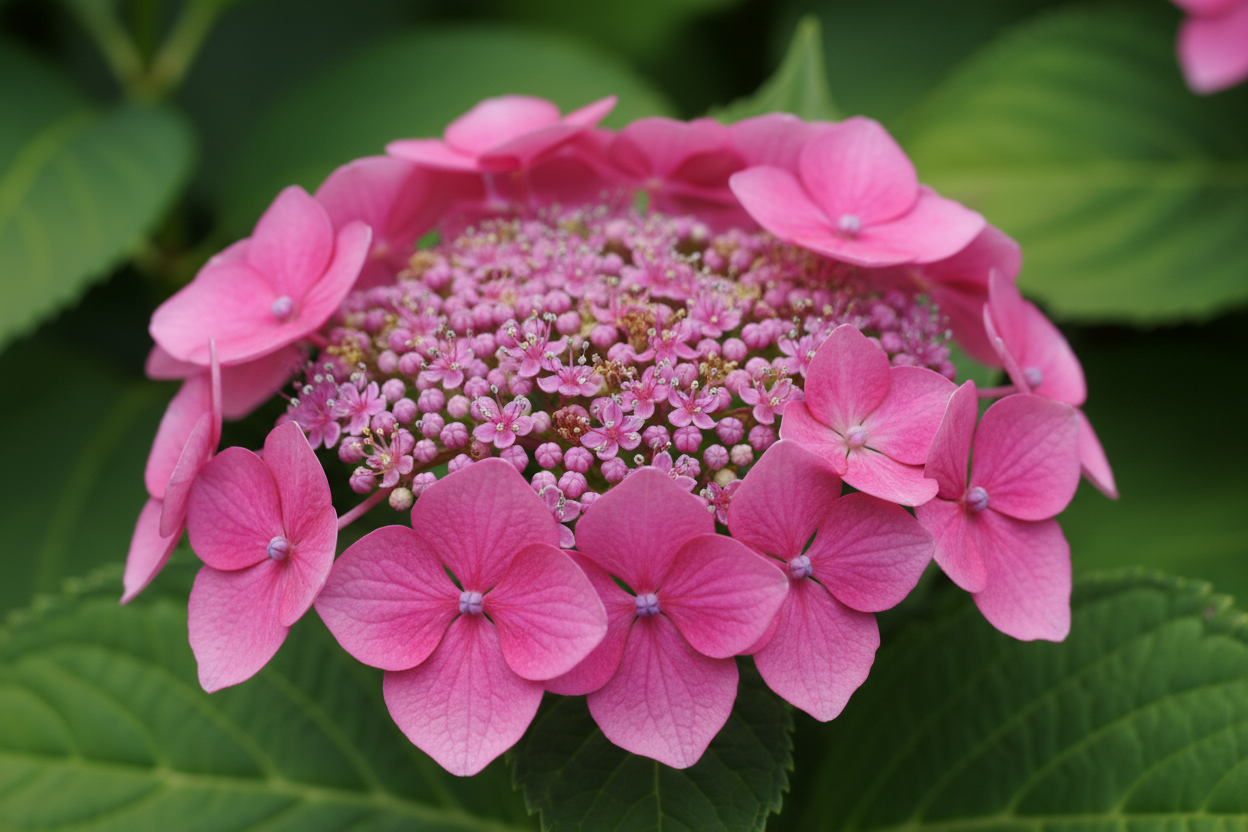 Tellerhortensie 'Messalina' - Blütendetail in Pink