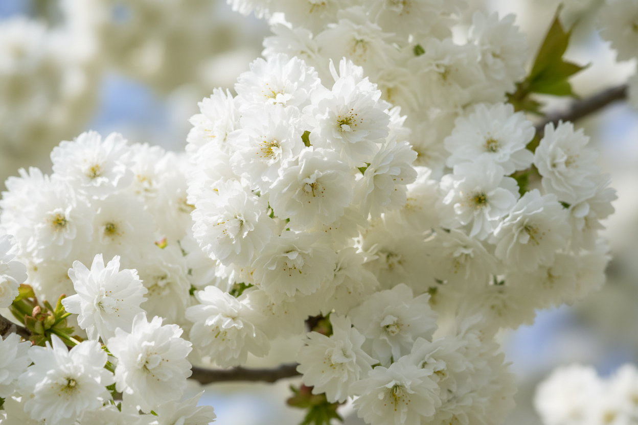 Vogelkirsche Plena weiße gefüllte Blüten Frühjahrsblüher Rastatt - Detail