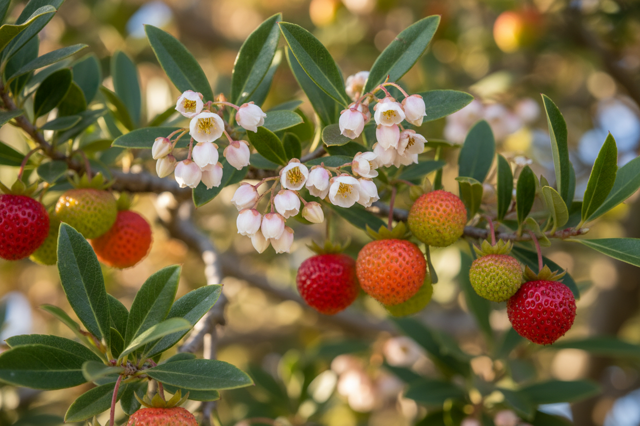 Westlicher Erdbeerbaum - Blüten- und Fruchtdetail
